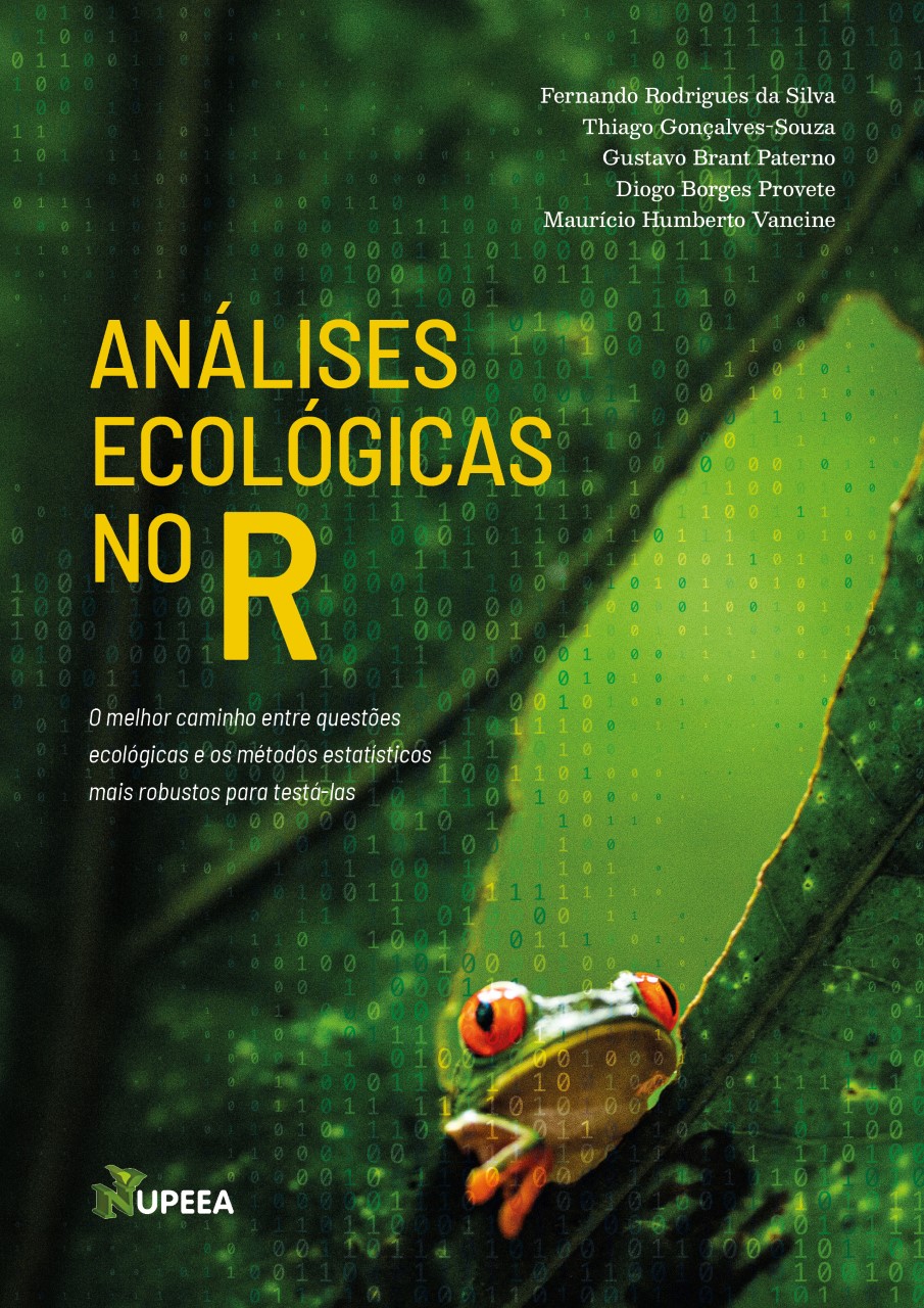 Análises Ecológicas no R book cover, in Portuguese, has a frog picture on it
