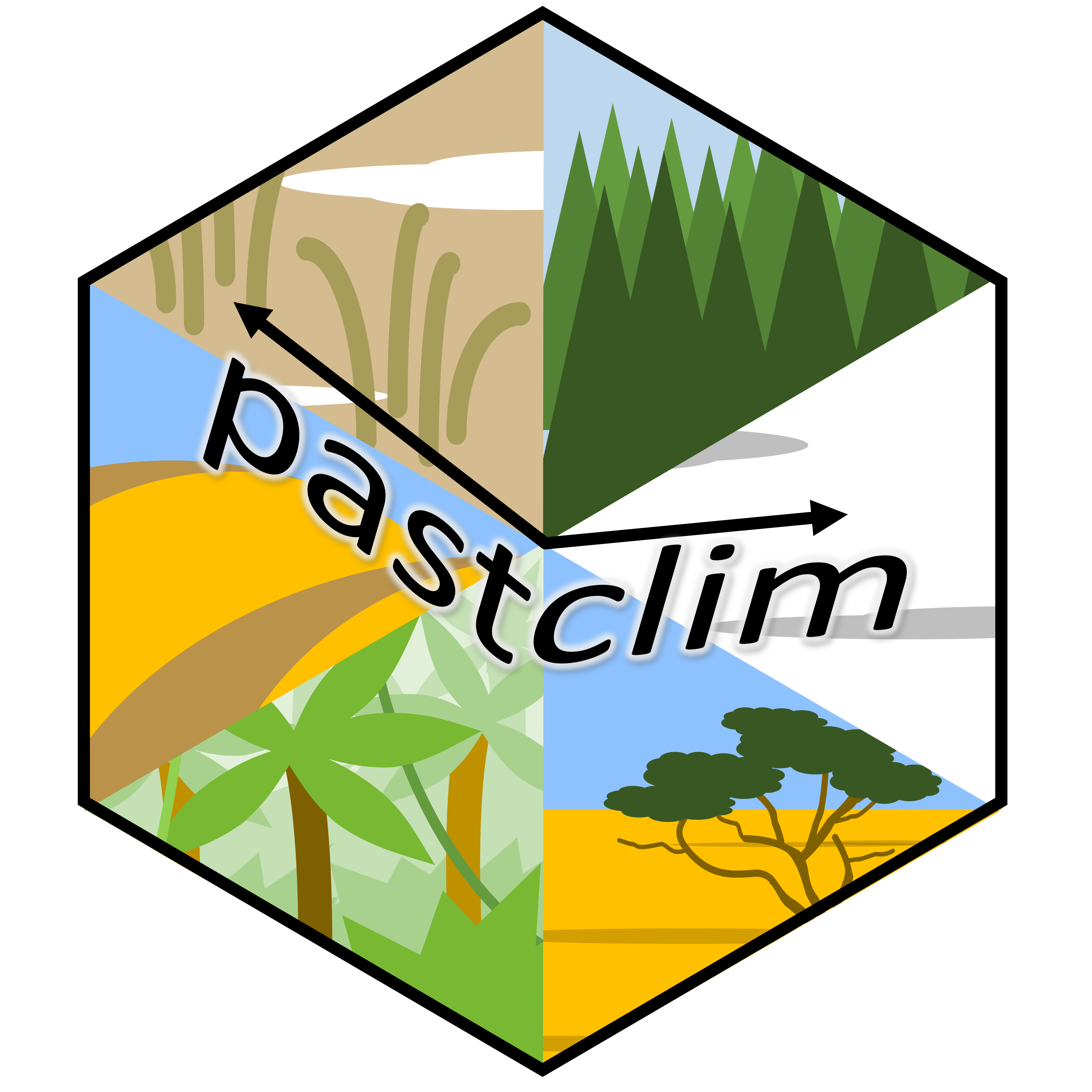 pastclim hexagon logo with images of various biomes