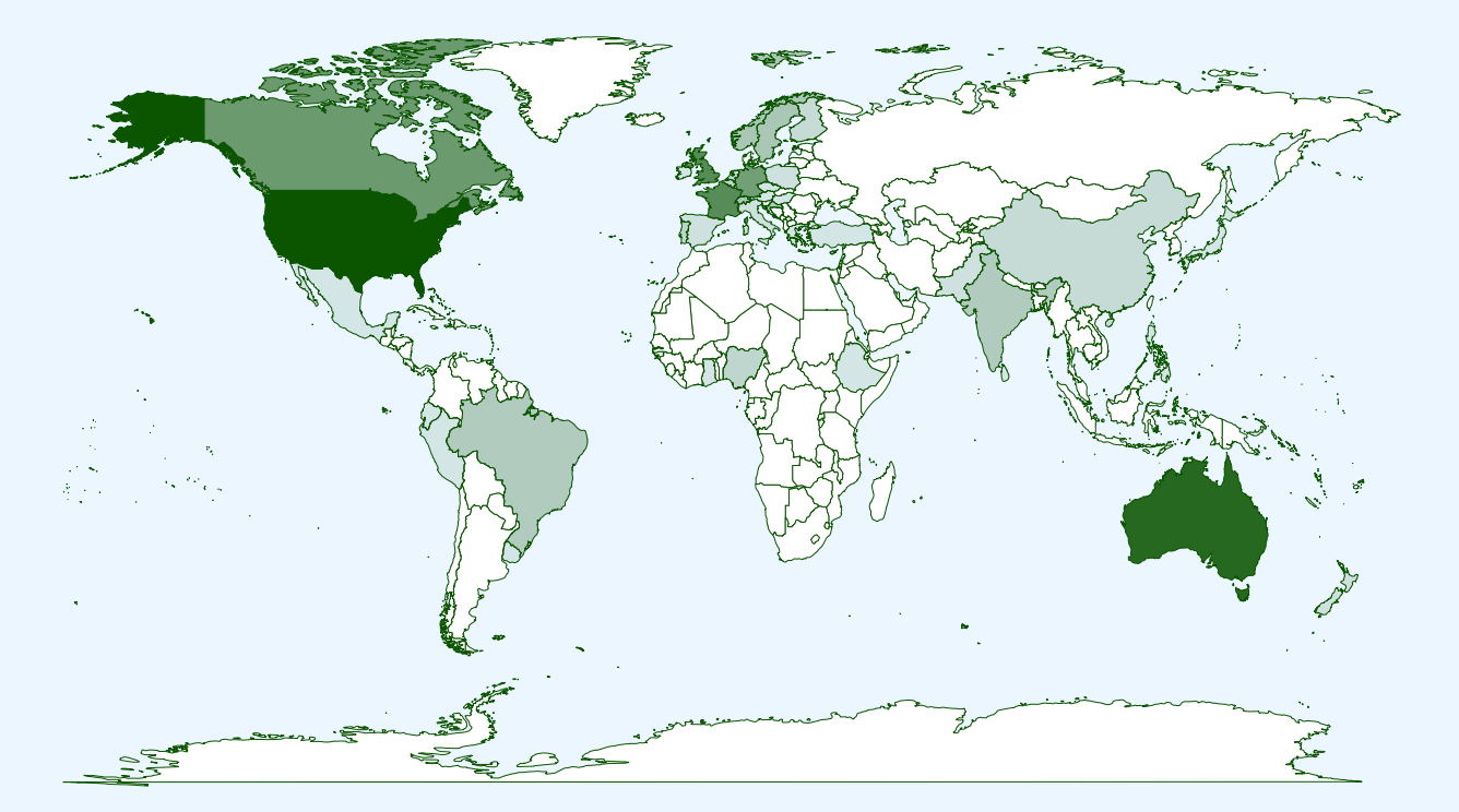 Countries of registrants on a world map